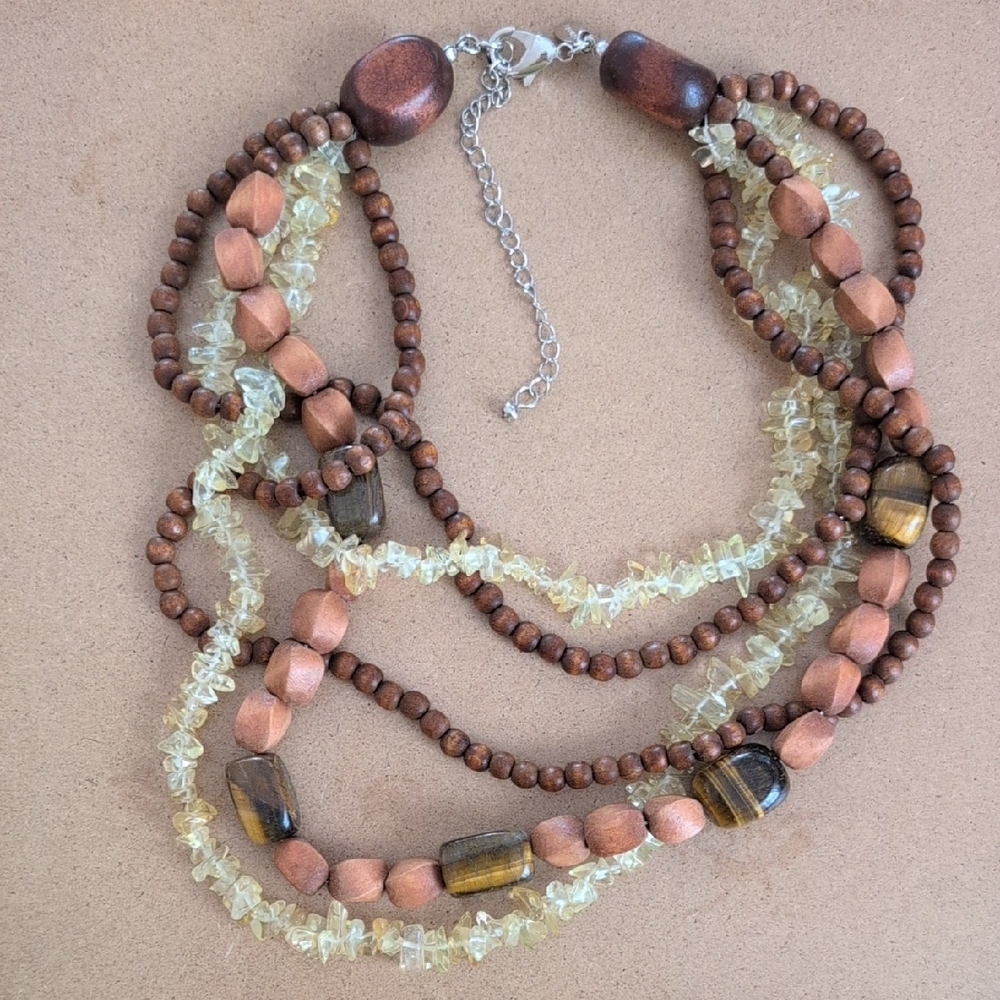 Vintage Chico's Earthy Multi-Strand Necklace with Citrine, Tiger's Eye and Wood